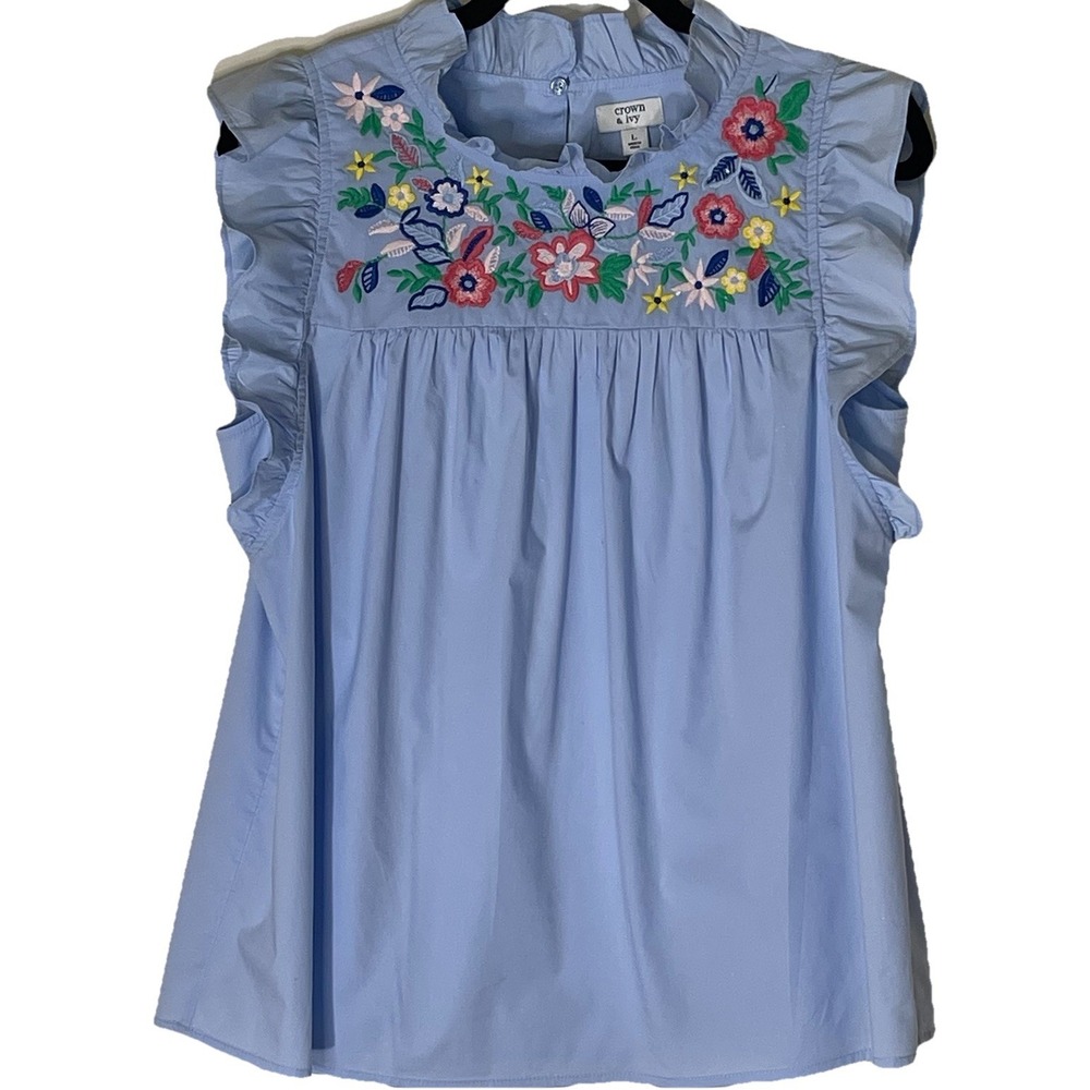 Crown & Ivy Women's L Boho Embroidered Yoke Blouse Flutter Sleeve Cotton Top - Picture 1 of 8